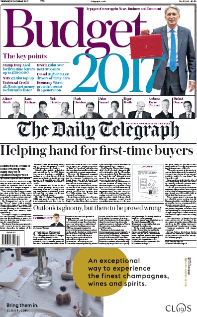 The Daily Telegraph Newspaper Front Page for 23 November 2017