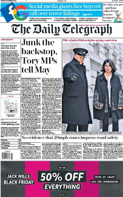 The Daily Telegraph Newspaper Front Page for 23 November 2018