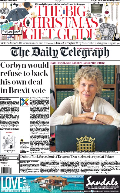 The Daily Telegraph (UK) Newspaper Front Page for 23 November 2019