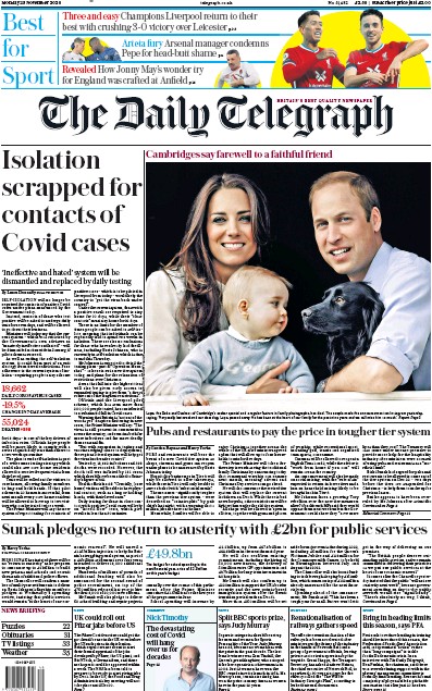 The Daily Telegraph Newspaper Front Page for 23 November 2020