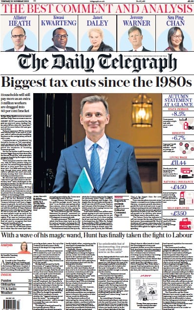 The Daily Telegraph (UK) Newspaper Front Page for 23 November 2023