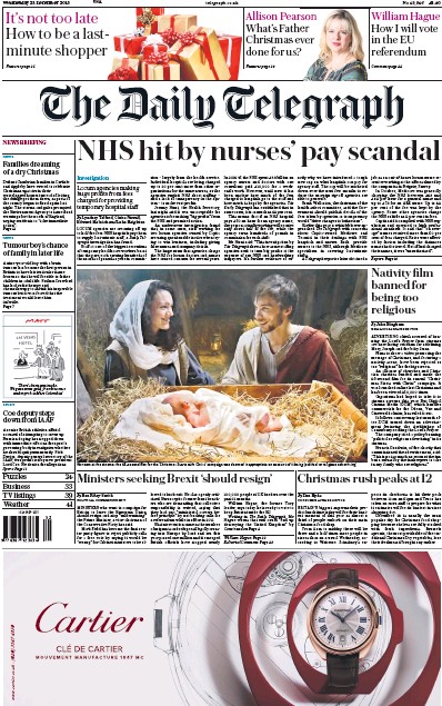 The Daily Telegraph Newspaper Front Page for 23 December 2015