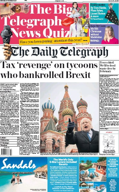 The Daily Telegraph Newspaper Front Page for 23 December 2017