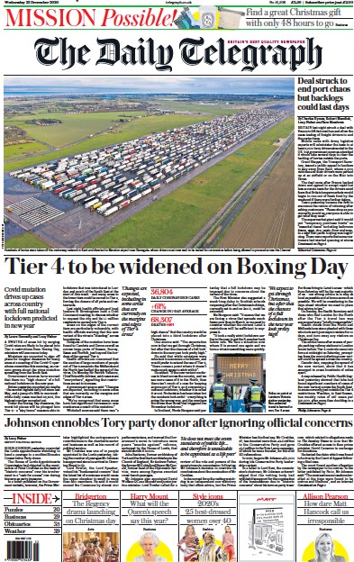 The Daily Telegraph Newspaper Front Page for 23 December 2020
