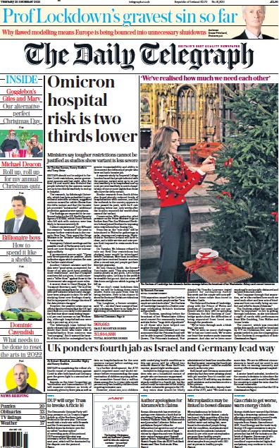 The Daily Telegraph (UK) Newspaper Front Page for 23 December 2021
