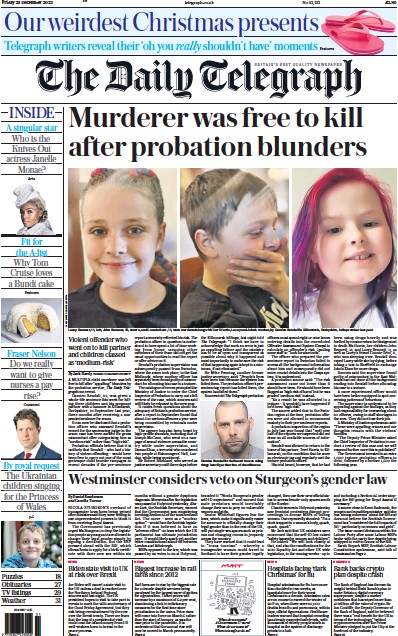 The Daily Telegraph (UK) Newspaper Front Page for 23 December 2022