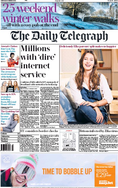 The Daily Telegraph Newspaper Front Page for 23 January 2016