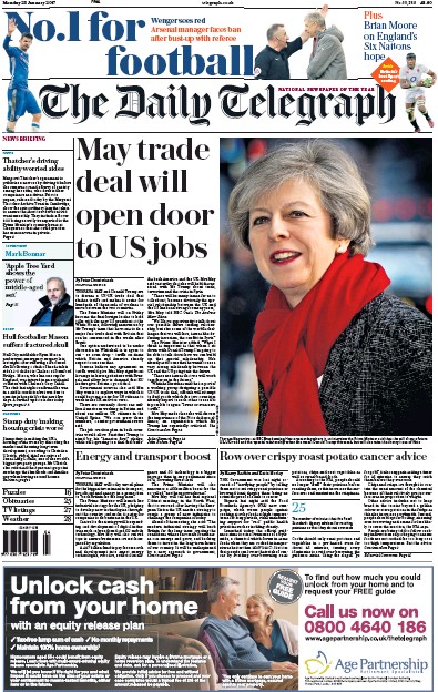 The Daily Telegraph Newspaper Front Page for 23 January 2017