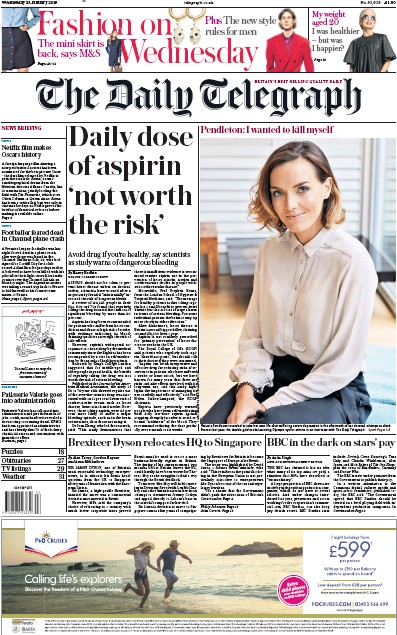The Daily Telegraph Newspaper Front Page for 23 January 2019