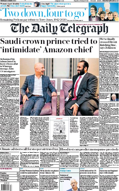 The Daily Telegraph Newspaper Front Page for 23 January 2020