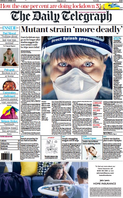 The Daily Telegraph (UK) Newspaper Front Page for 23 January 2021