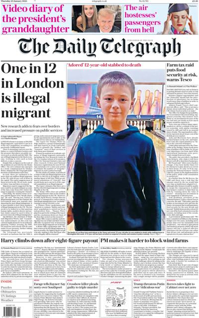 The Daily Telegraph (UK) Newspaper Front Page for 23 January 2025