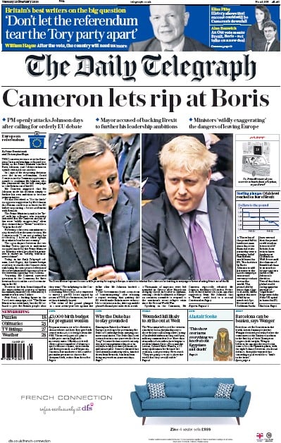 The Daily Telegraph (UK) Newspaper Front Page for 23 February 2016