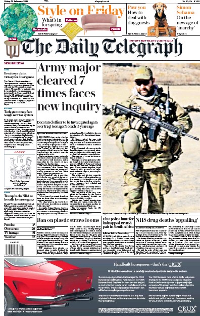 The Daily Telegraph Newspaper Front Page for 23 February 2018