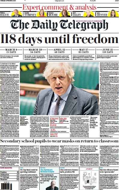 The Daily Telegraph Newspaper Front Page for 23 February 2021