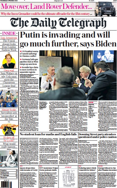 The Daily Telegraph Newspaper Front Page for 23 February 2022