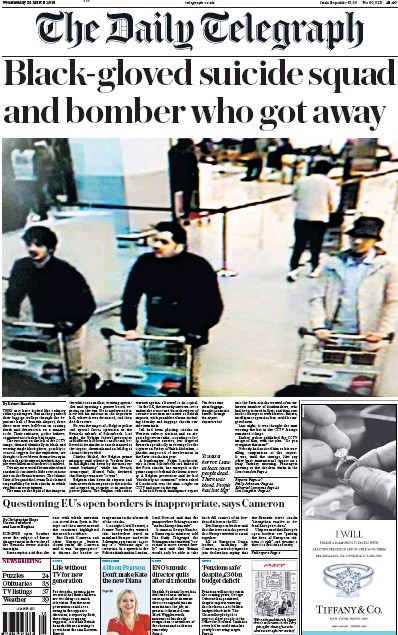 The Daily Telegraph Newspaper Front Page for 23 March 2016