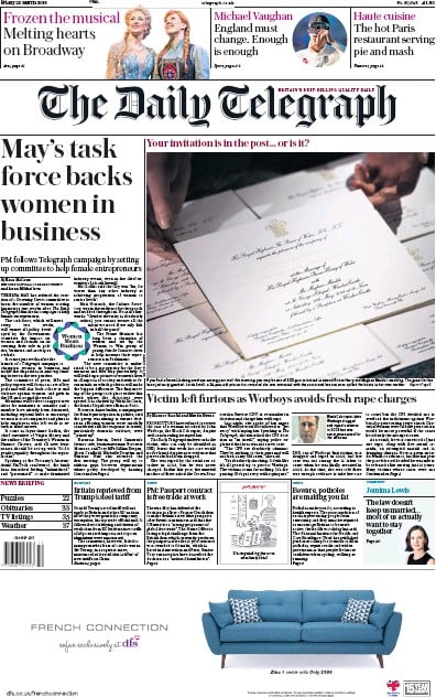 The Daily Telegraph Newspaper Front Page for 23 March 2018