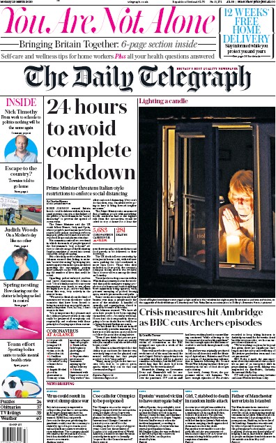 The Daily Telegraph (UK) Newspaper Front Page for 23 March 2020