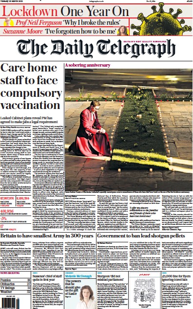 The Daily Telegraph (UK) Newspaper Front Page for 23 March 2021