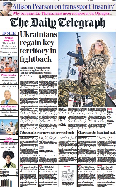 The Daily Telegraph (UK) Newspaper Front Page for 23 March 2022
