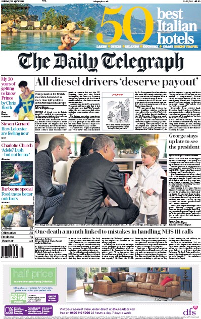 The Daily Telegraph (UK) Newspaper Front Page for 23 April 2016