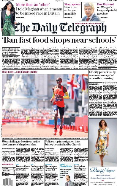 The Daily Telegraph Newspaper Front Page for 23 April 2018