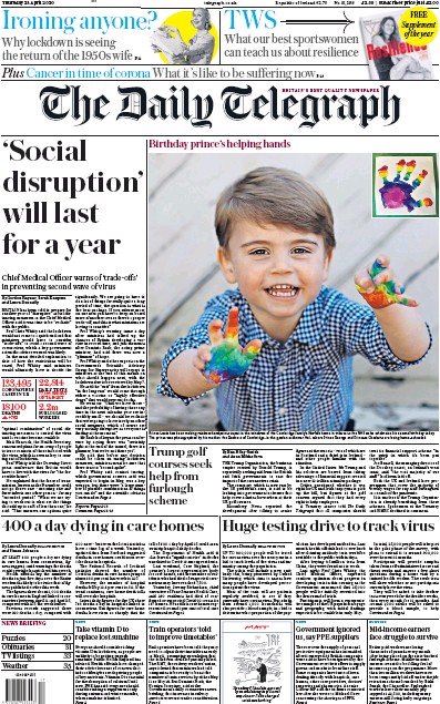 The Daily Telegraph Newspaper Front Page for 23 April 2020