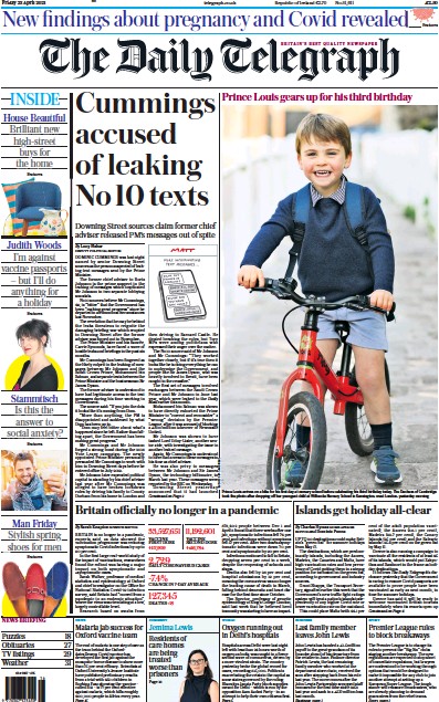 The Daily Telegraph (UK) Newspaper Front Page for 23 April 2021