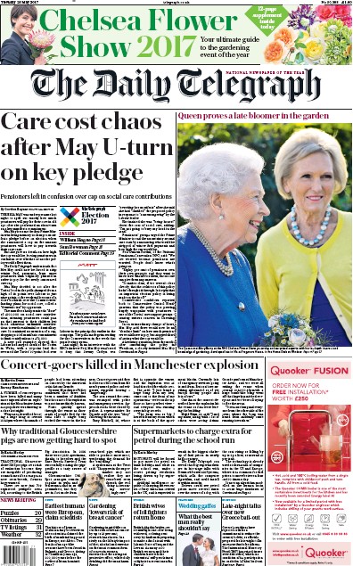The Daily Telegraph (UK) Newspaper Front Page for 23 May 2017