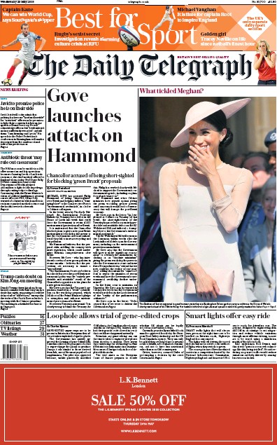 The Daily Telegraph Newspaper Front Page for 23 May 2018