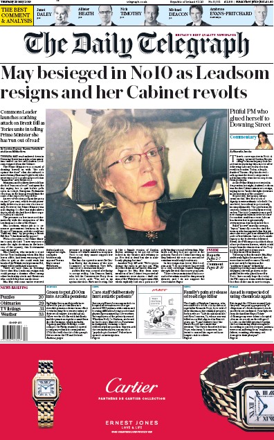 The Daily Telegraph Newspaper Front Page for 23 May 2019