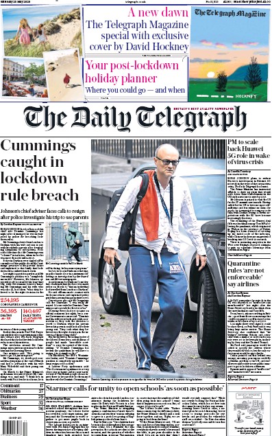 The Daily Telegraph Newspaper Front Page for 23 May 2020