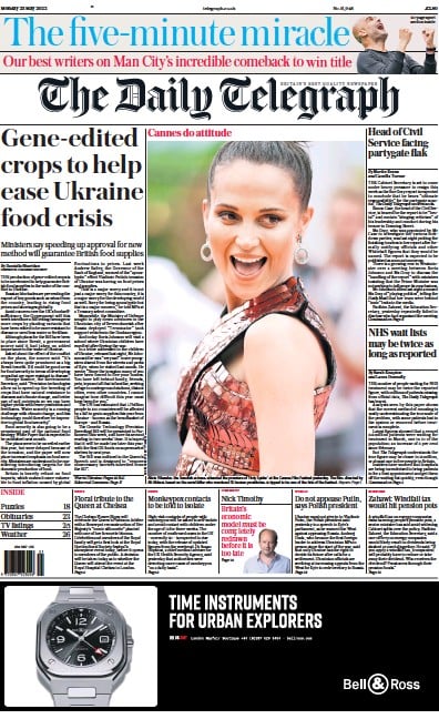 The Daily Telegraph (UK) Newspaper Front Page for 23 May 2022