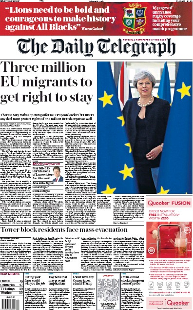 The Daily Telegraph Newspaper Front Page for 23 June 2017
