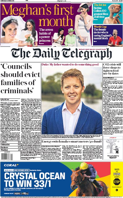 The Daily Telegraph Newspaper Front Page for 23 June 2018