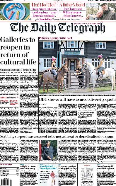 The Daily Telegraph Newspaper Front Page for 23 June 2020