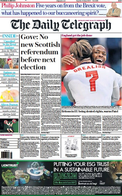 The Daily Telegraph (UK) Newspaper Front Page for 23 June 2021