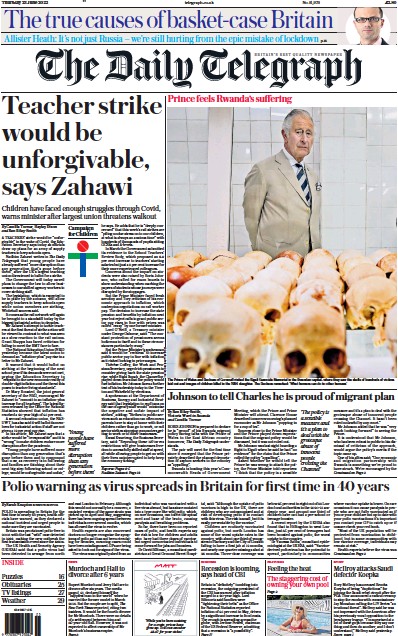 The Daily Telegraph (UK) Newspaper Front Page for 23 June 2022