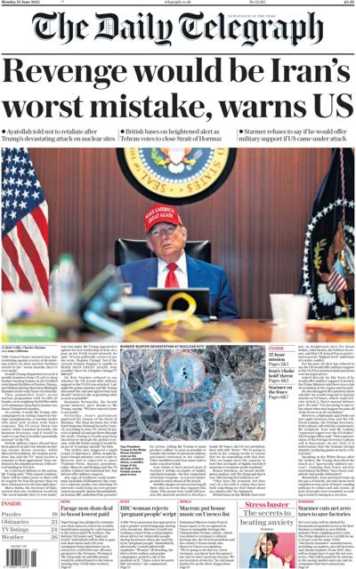 The Daily Telegraph (UK) Newspaper Front Page for 23 June 2025