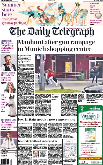 The Daily Telegraph Newspaper Front Page for 23 July 2016