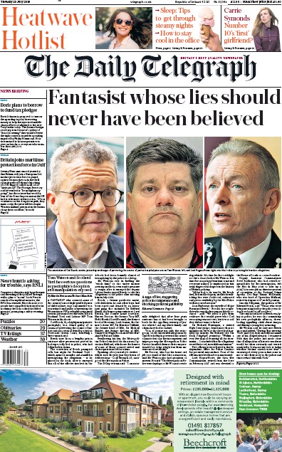 The Daily Telegraph Newspaper Front Page for 23 July 2019