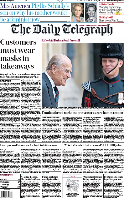 The Daily Telegraph Newspaper Front Page for 23 July 2020