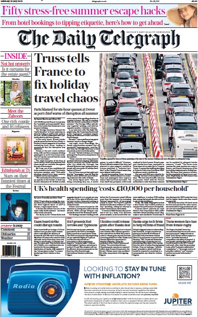 The Daily Telegraph (UK) Newspaper Front Page for 23 July 2022