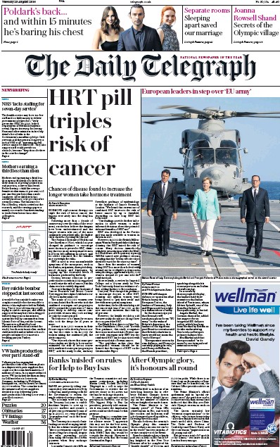 The Daily Telegraph Newspaper Front Page for 23 August 2016