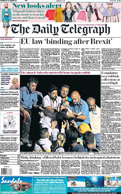 The Daily Telegraph Newspaper Front Page for 23 August 2017