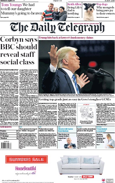 The Daily Telegraph Newspaper Front Page for 23 August 2018