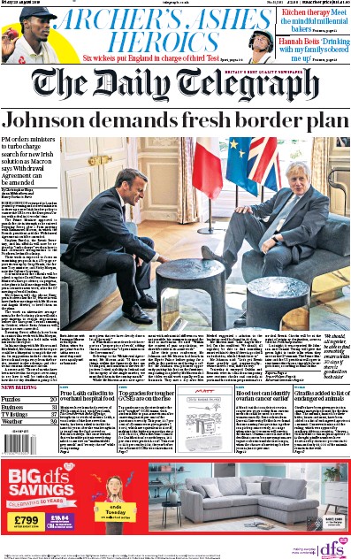 The Daily Telegraph Newspaper Front Page for 23 August 2019