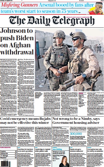 The Daily Telegraph (UK) Newspaper Front Page for 23 August 2021
