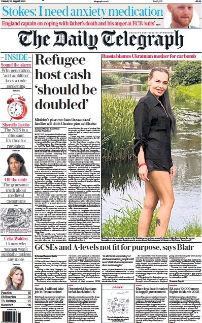 The Daily Telegraph (UK) Newspaper Front Page for 23 August 2022